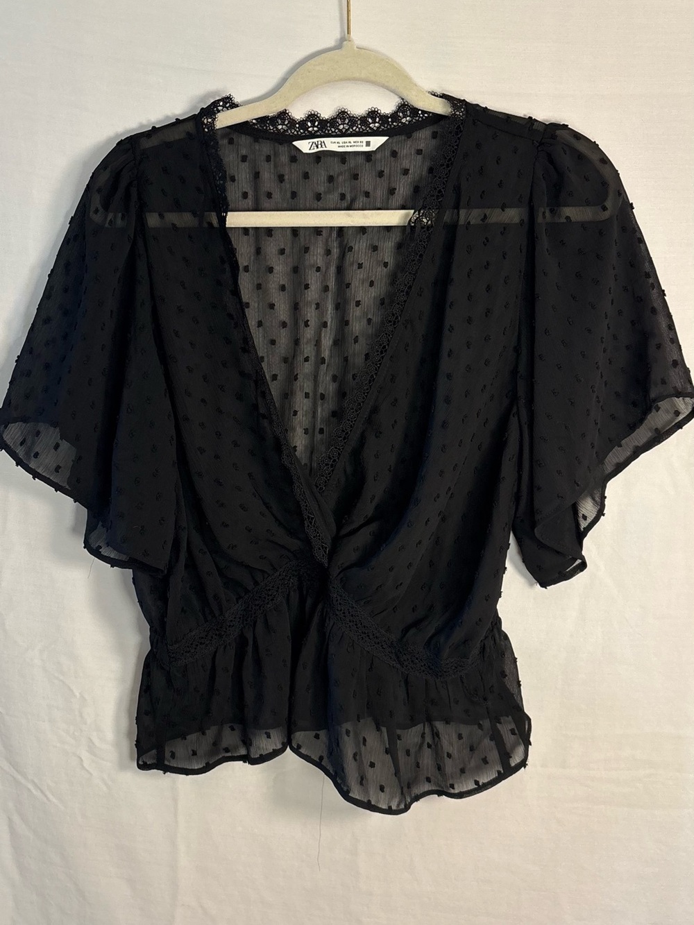Zara Black Sheer Swiss Dot Wrap-Style Blouse